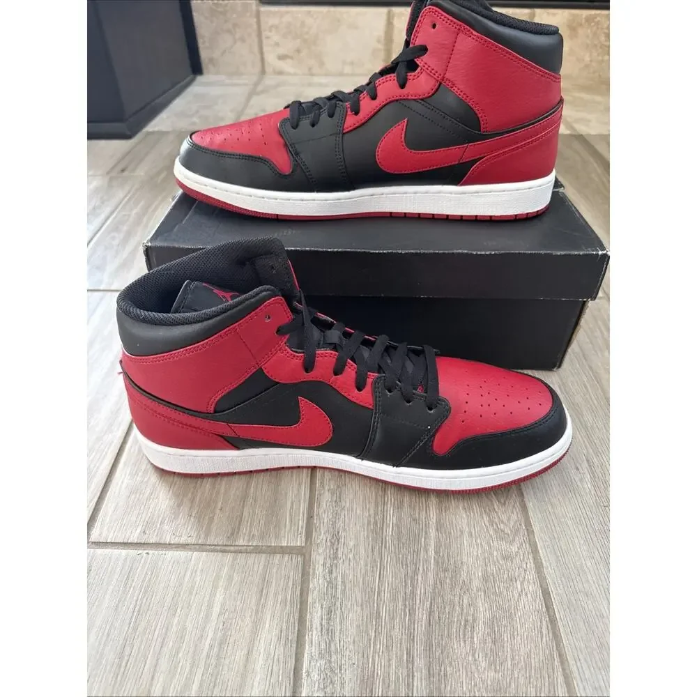 Size 14 Nike Air Jordan 1 Mid Bred Black Red Men's 554724-074 OG BOX